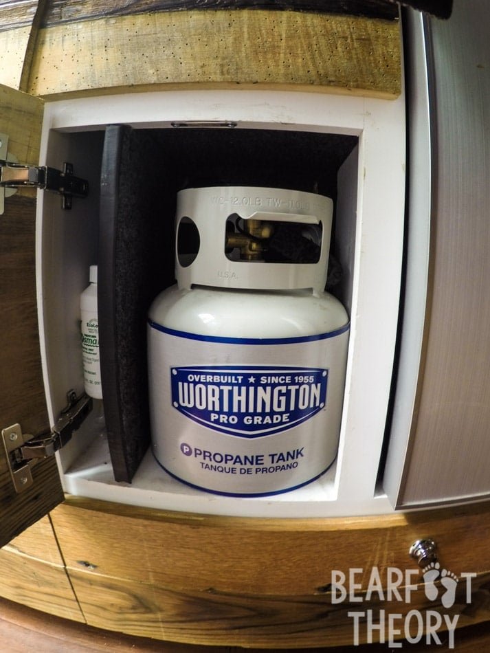 The 1 gallon propane tank is stored in a cabinet under the sink in Alaina's first Sprinter camper van which powers the dual propane burner in the galley