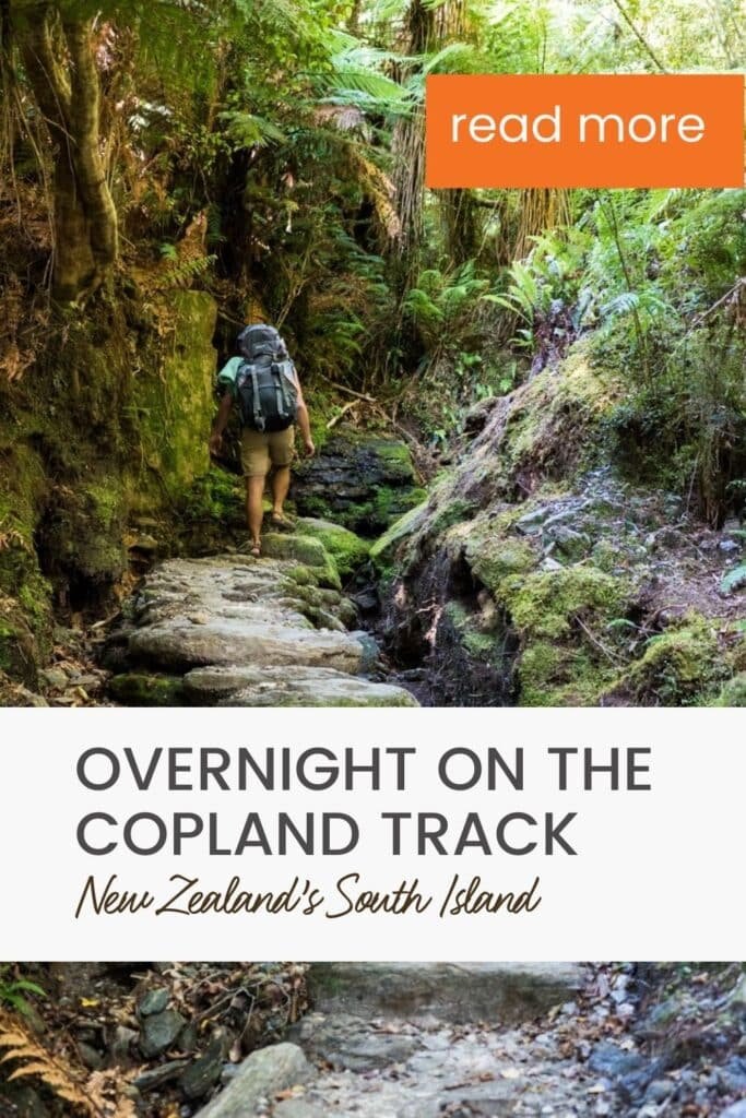 Backpacker hiking up rugged trail next to stream surrounded by lush vegetation. Text says "Overnight on the Copland Track, New Zealand's South Island"