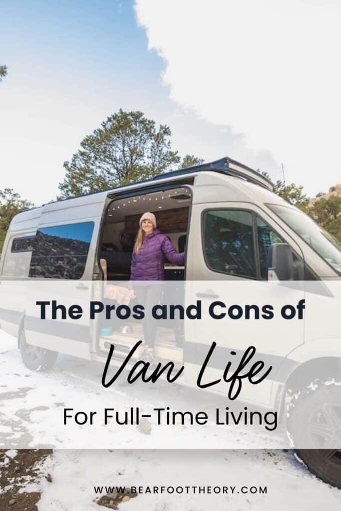 Pinterest image of BFT founder Alaina Hermiston standing in her van with the slider door open with text that says The Pros and Cons of Van Life for Full-Time Living