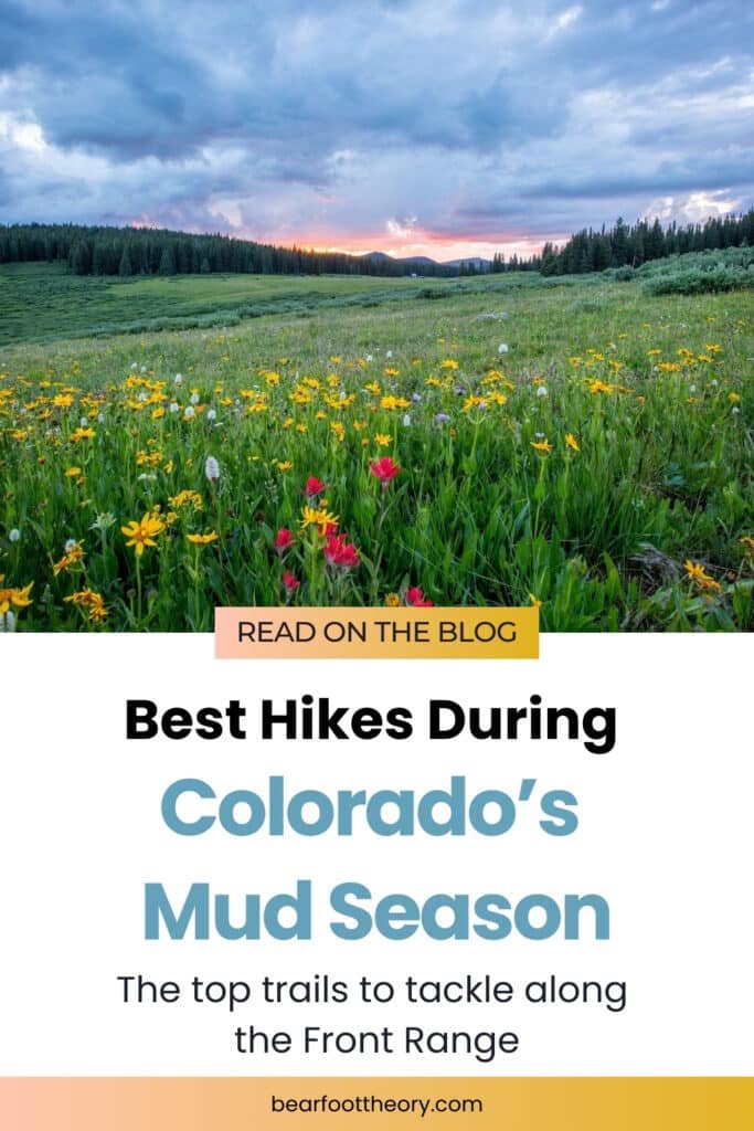 Field of wild flowers with pink sunset and sky of clouds with text that says "Best hikes during Colorado's Mud Season: the top trails to tackle along the Front Range"