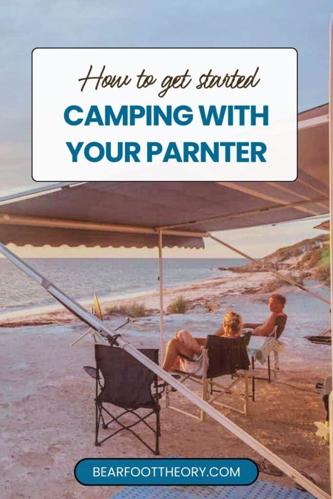 Two people sitting in chairs under RV awning on the beach. Text says "Hot to get started camping with your partner"
