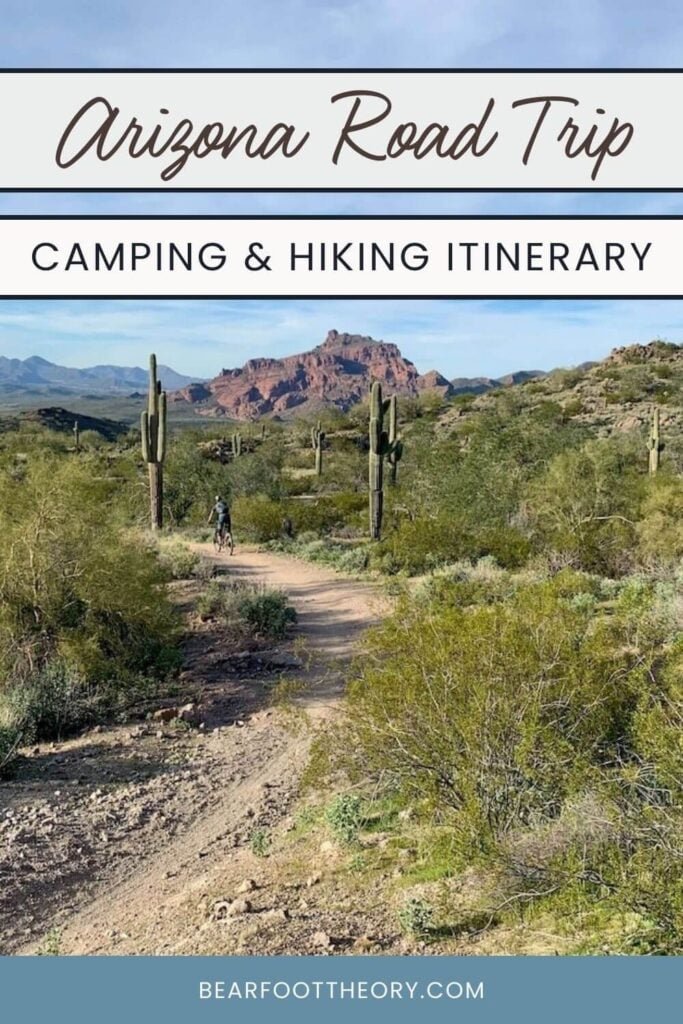 Pinterest image with photo of trail through the desert near Phoenix, Arizona. Text reads "Arizona Road Trip Camping and Hiking Itinerary