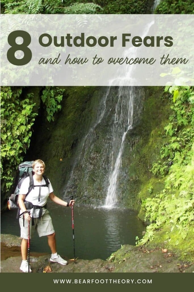 Alaina Hermiston standing in front of waterfall with a backpacking pack on. Text reads 8 Outdoor Fears and how to overcome them