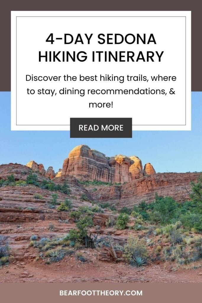 Pinnable image of Cathedral Rock in Sedona at golden hour. Text reads "4-Day Sedona Hiking Itinerary: discover the best hiking trails, where to stay, dining recommendations, and more!"