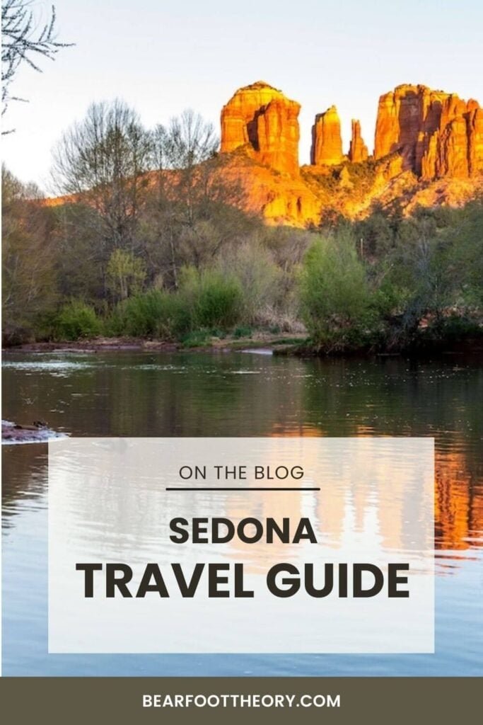 Pinnable image of Cathedral Rock at golden hour in Sedona. Text reads "Sedona Travel Guide"