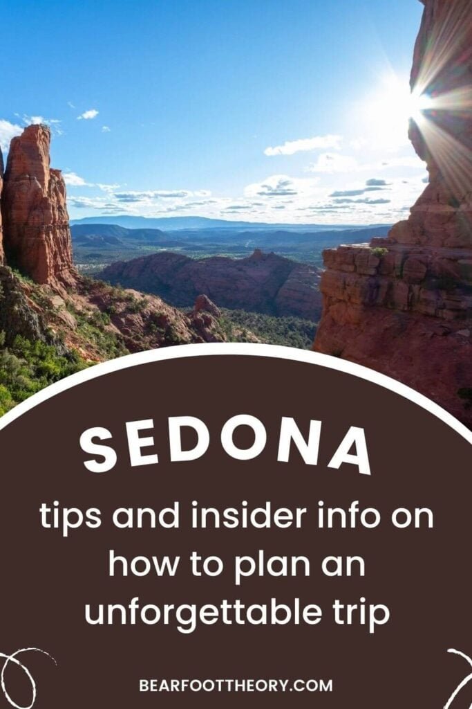 Pinnable image of beautiful landscape view over Sedona. Text reads "Sedona tips and insider info on how to plan an unforgettable trip"