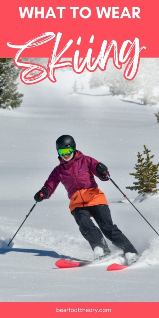 Alaina Hermiston skiing powder with text "what to wear skiing"