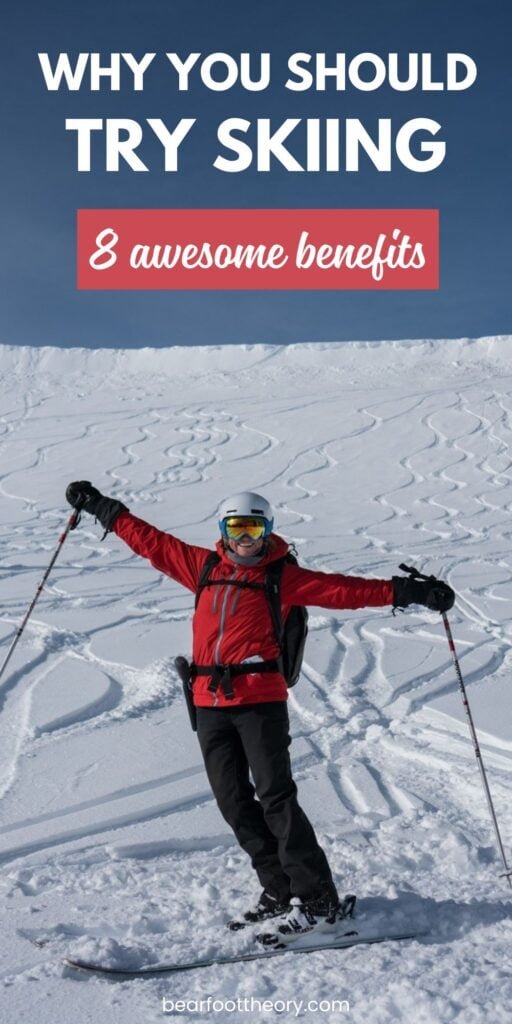 Alaina Hermiston skiing with text "Why you should try skiing this winter"