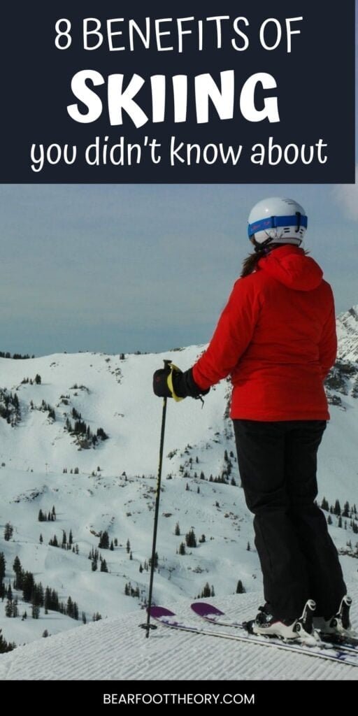 Alaina Hermiston skiing with text "8 benefits of skiing you didn't know about"