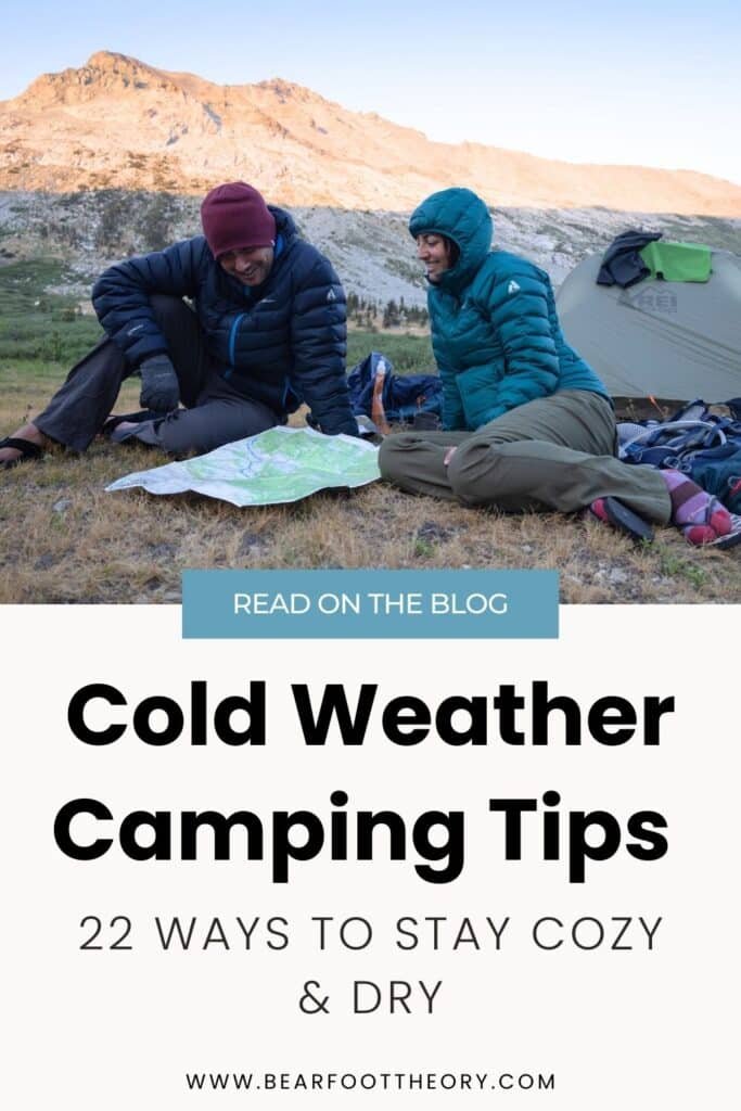 Blog post sharing cold weather camping tips for staying cozy and dry