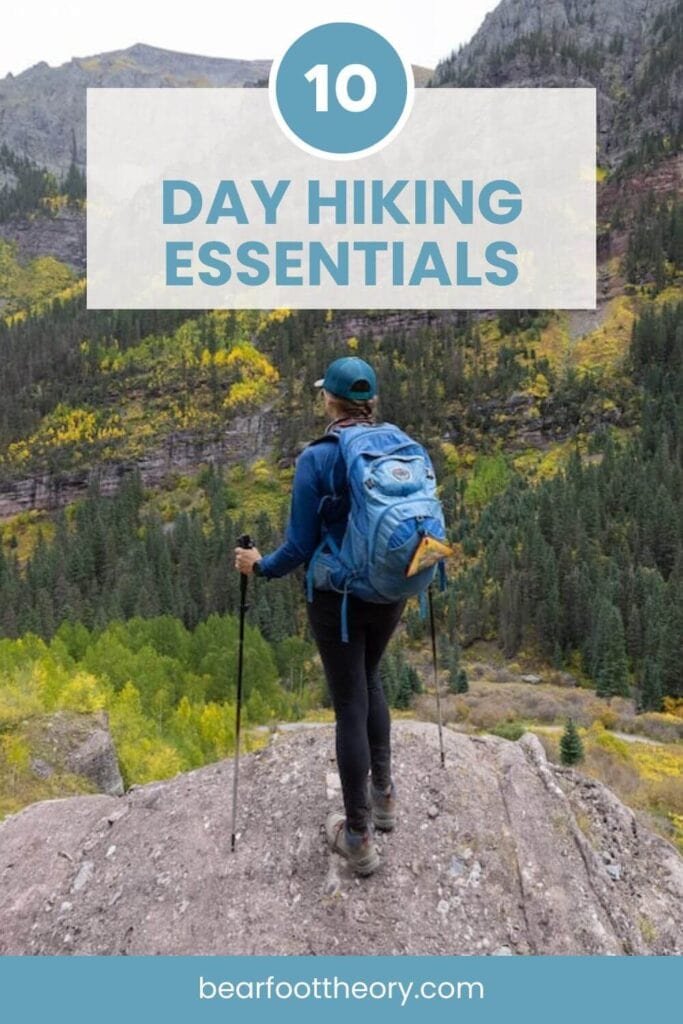 Alaina Hermiston standing on a rock looking out at a mountain in fall. Text reads 10 day hiking essentials