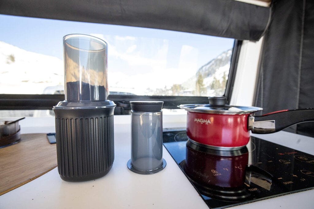 The Aeropress Go setup inside a campervan setup