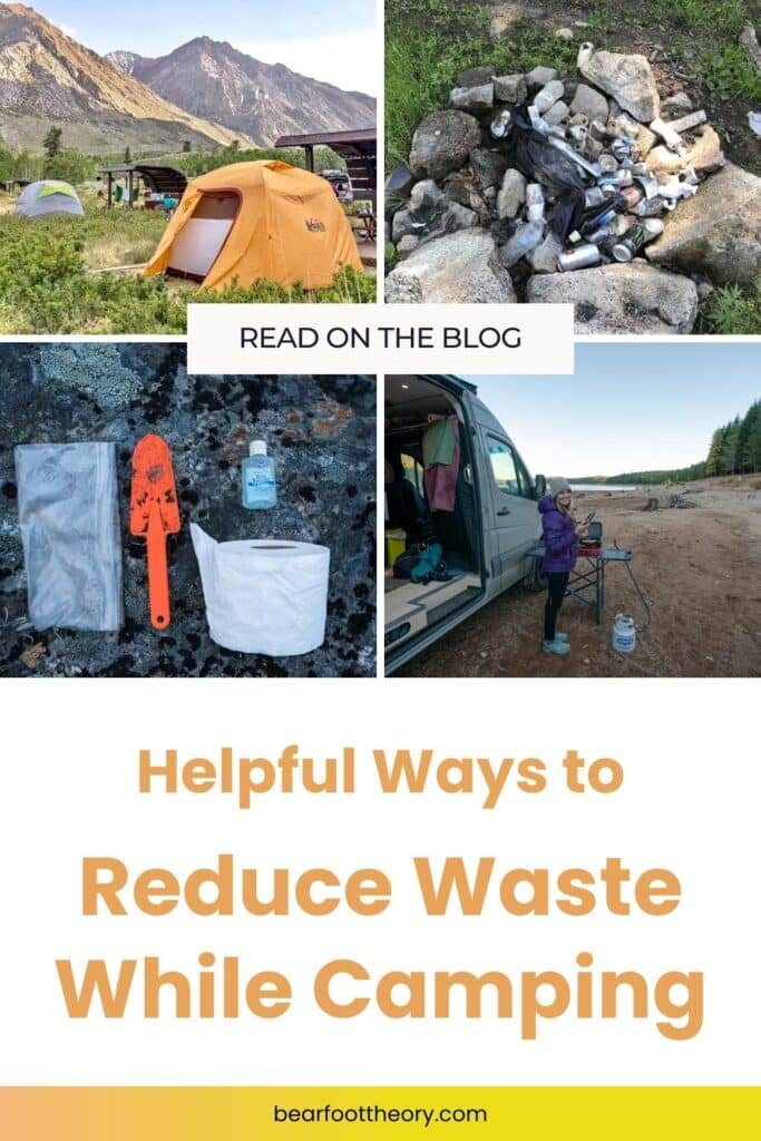 An orange tent, litter in a camp fire, an outdoor poop kit, and Alaina Hermiston in front of her Sprinter van with text that says "Helpful ways to reduce waste while camping"