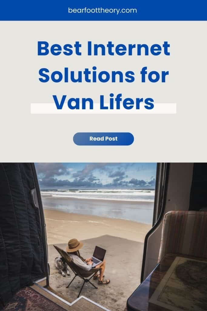 Alaina Hermiston sitting on a camp chair on the beach working on a laptop. Text reads Best Internet solutions for van lifers.