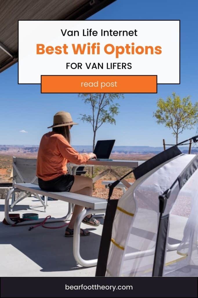 Alaina Hermiston sitting at a picnic bench at a campsite working. Text reads Van Life Internet - Best wifi options for van lifers