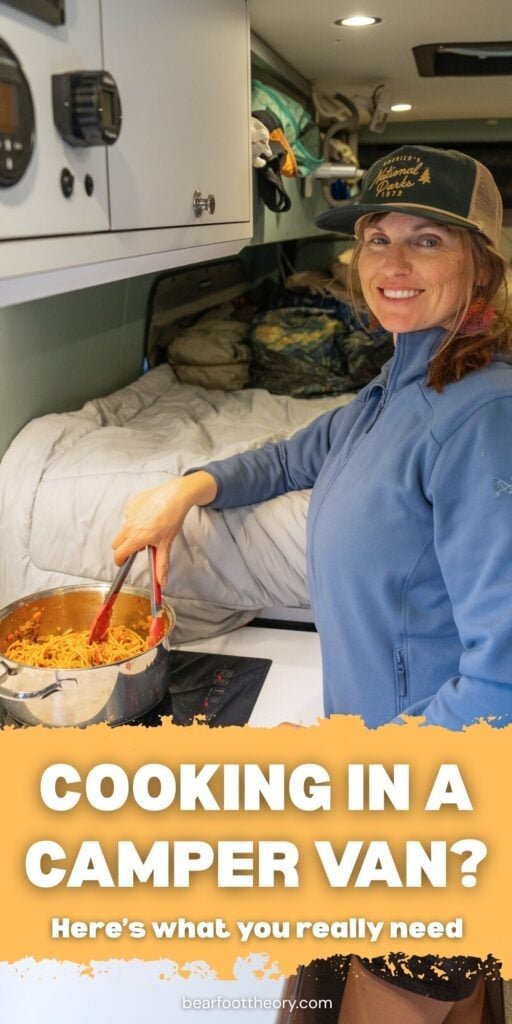 Alaina Hermiston founder of Terrain Spark cooking pasta in a Sprinter Van with text "cooking in a camper van? Here's what you really need"