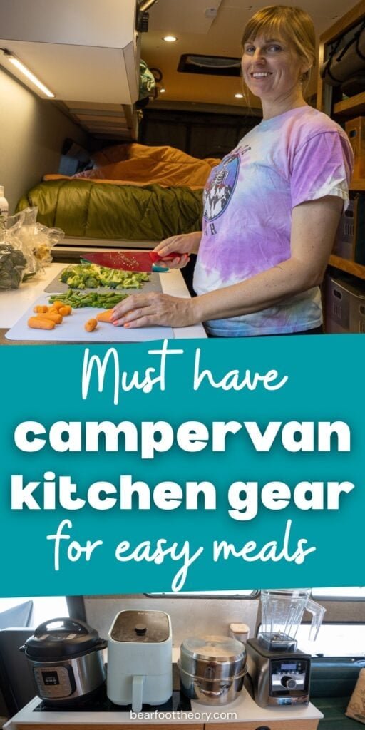 Alaina Hermiston founder of Terrain Spark cooking in a camper van with a collage of an instapot, airfryer, blender, and nesting pots wiht text "must have campervan kitchen gear for easy meals"