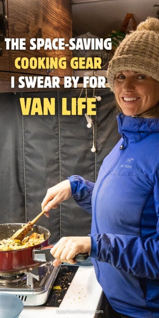 Alaina Hermiston founder of Terrain Spark cooking in a sprinter van with text "the space saving cooking gear I swear by for van life"