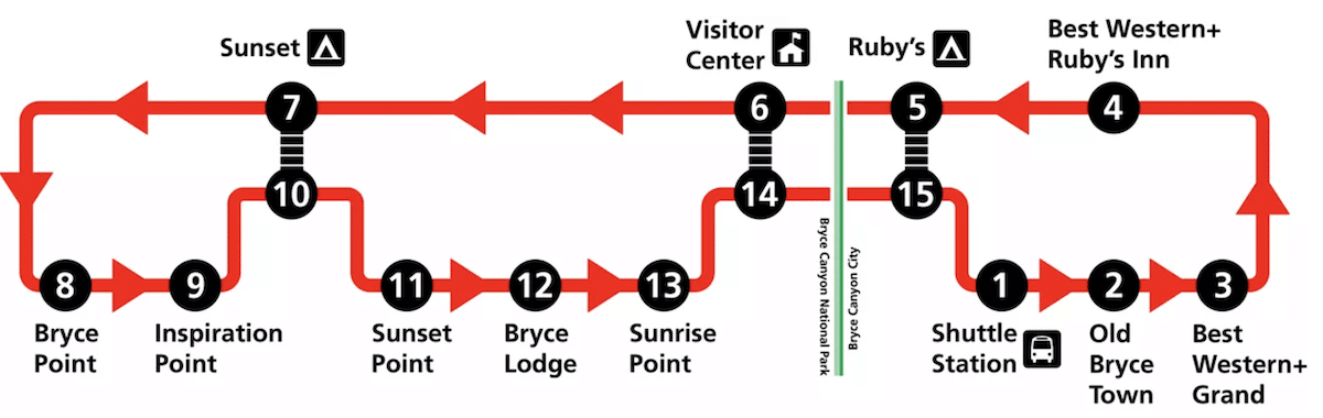 Map showing the shuttle stops in Bryce Canyon National Park