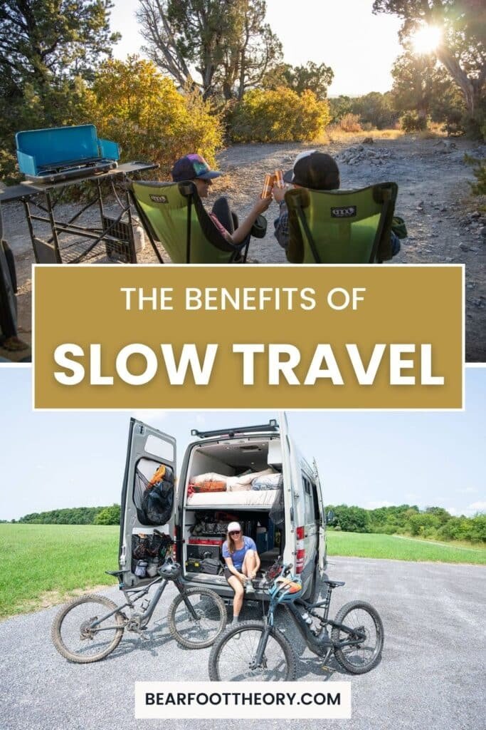 Alaina Hermiston and her partner cheersing in camp chairs and a separate image of her sitting in the back garage of a Sprinter van with the doors open and two bikes out on the ground with text that says "The benefits of slow travel"