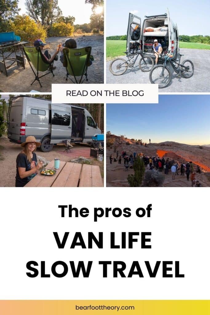 Alaina Hermiston in a camp chair, with bikes, and at a picnic table and an image of a crowd with text that says "The pros of van life slow travel"