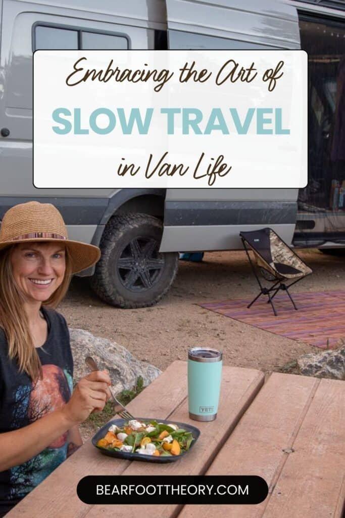 Alaina Hermiston sitting at a picnic table at a campsite with text that says "Embracing the art of slow travel in van life"