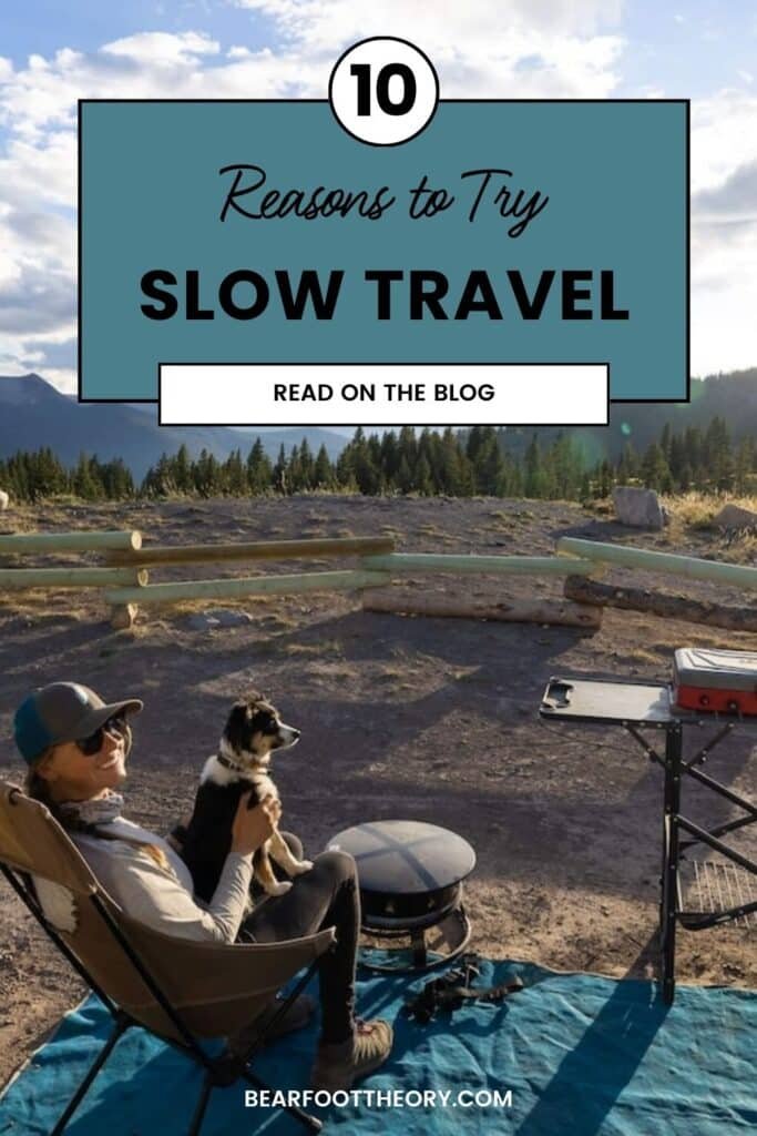 Alaina Hermiston sitting on a chair with a dog with text that says "Reasons to try slow travel"