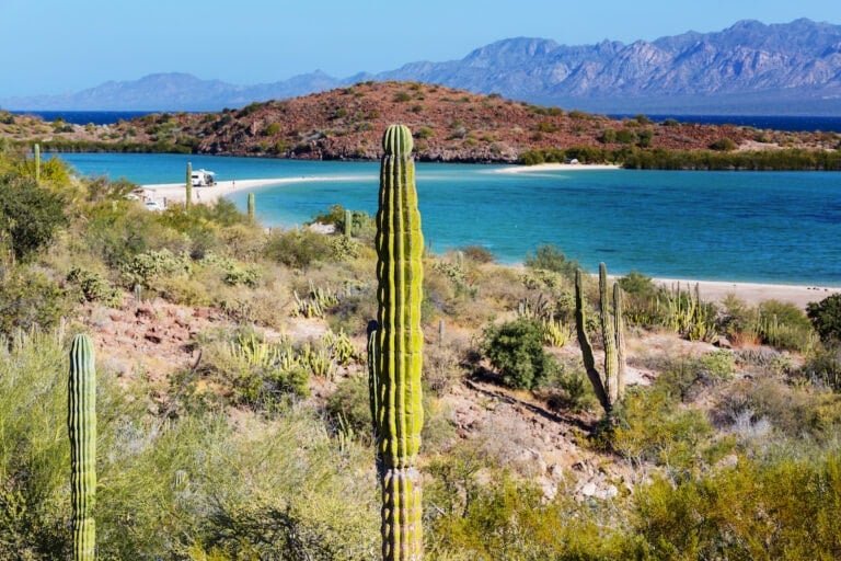 El Requeson in Baja California Sur from above. A white strip of beach with turquoise water and cacti