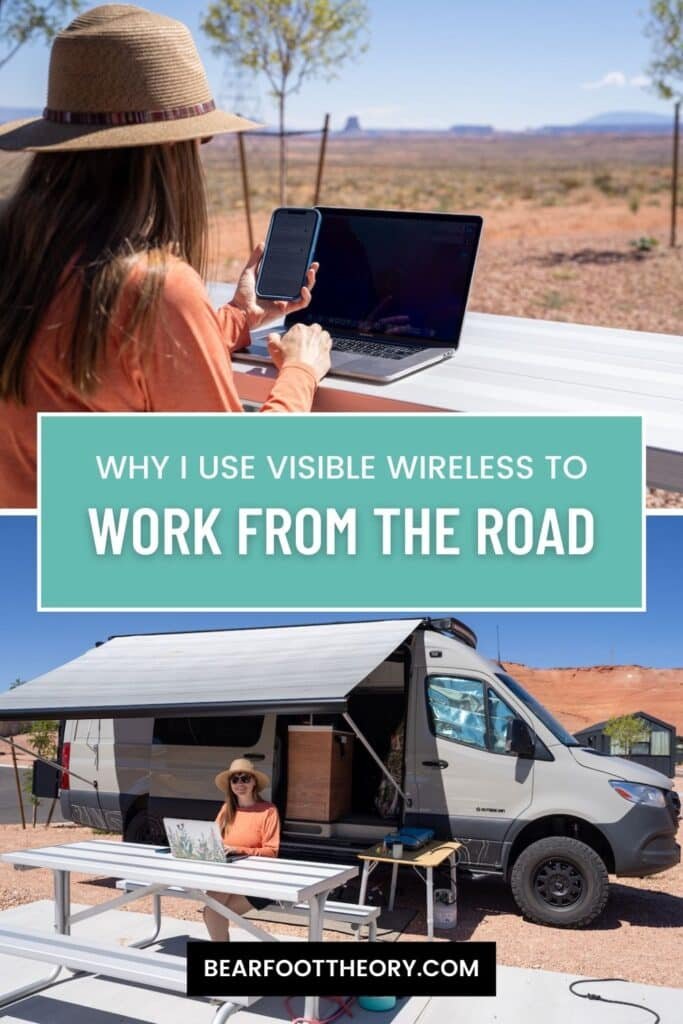 Alaina Hermiston with a laptop and her phone in her hand sitting at a picnic table. Text reads Why I use Visible Wireless to Work from the Road
