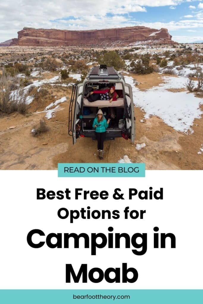 Alaina Hermiston and a woman smiling from the back of a Sprinter van with the back doors open on a dirt road in Moab with text that says "Best free and paid options for camping in Moab"