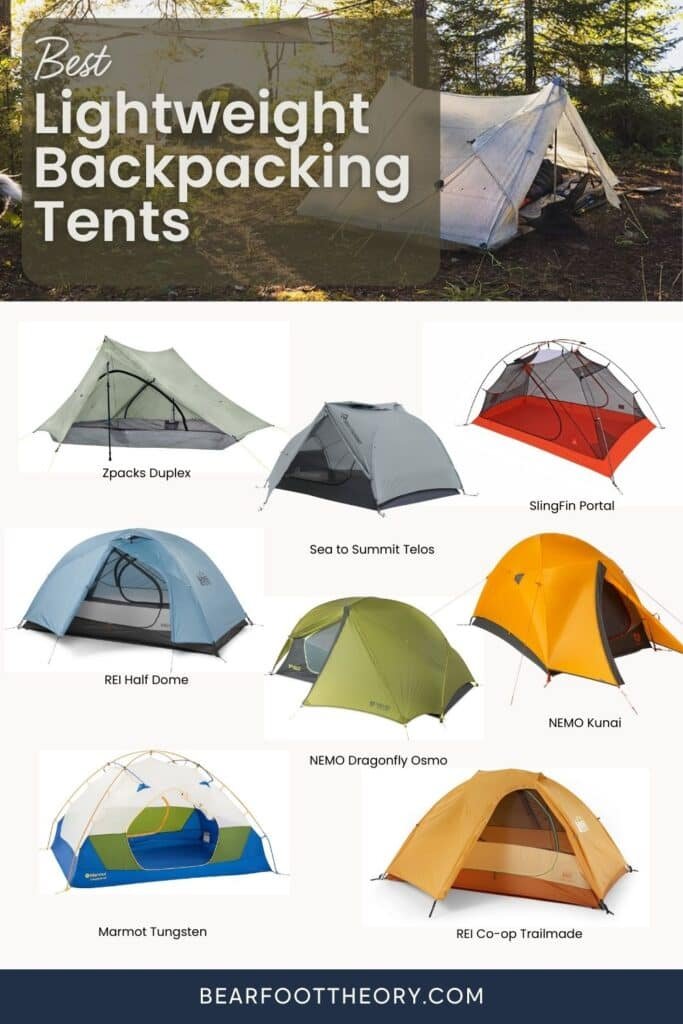 Pinterest image of backpacking tent product photos. Text says “Best lightweight backpacking tents"