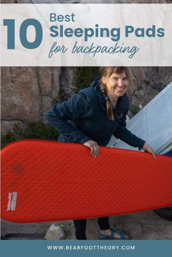 Alaina Hermiston putting a red sleeping pad into a tent with text that reads "10 Best Sleeping Pads for Backpacking"