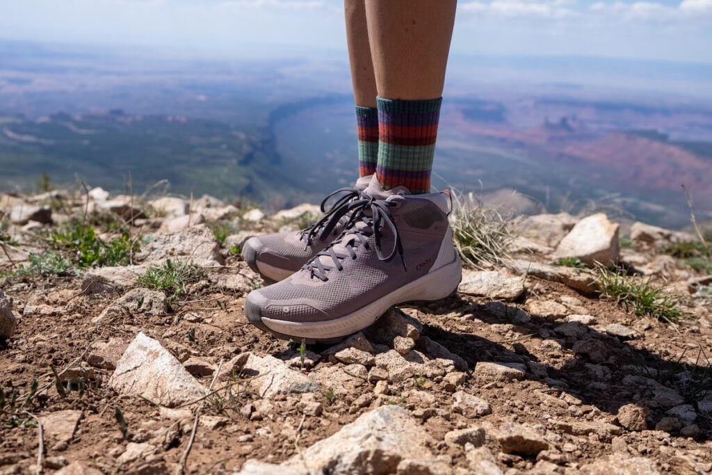 Oboz Katabatic LT Mid hiking shoes on top of a mountain