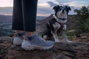 Womens ankles wearing Oboz Katabatic LT lows standing next to a mini Australian shepherd