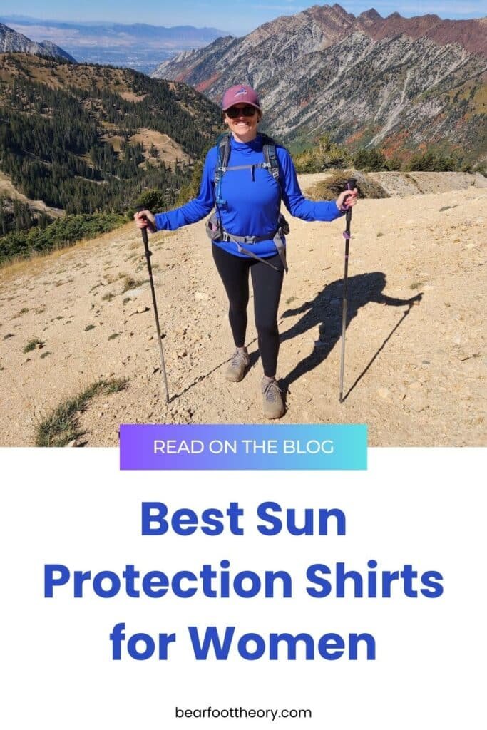Alaina Hermiston hiking at the top of Snowbird ski area in summer with the text "best sun protection shirts for women"