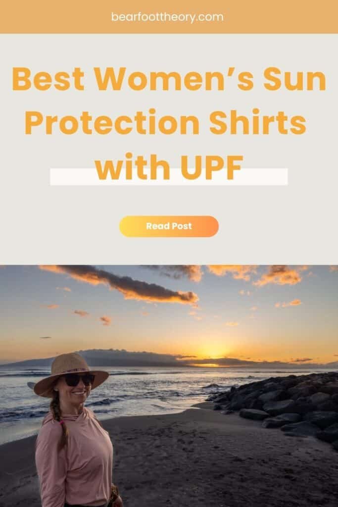 Alaina Hermiston standing on the beach in Maui with the text "best women's sun protection shirts with UPF"