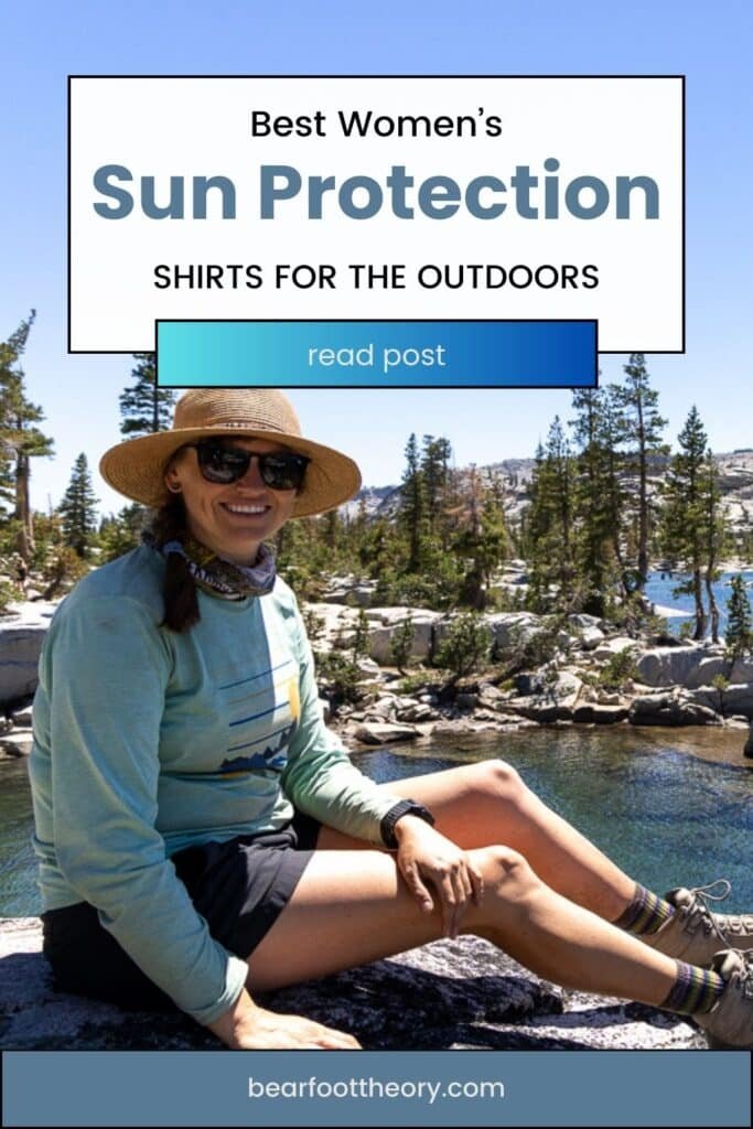 Alaina Hermiston sitting by a lake with the text "Best Women's Sun Protection shirts for the outdoors"