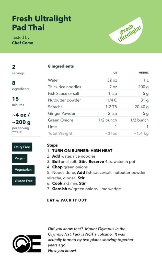 Backpacking pad Thai recipe card