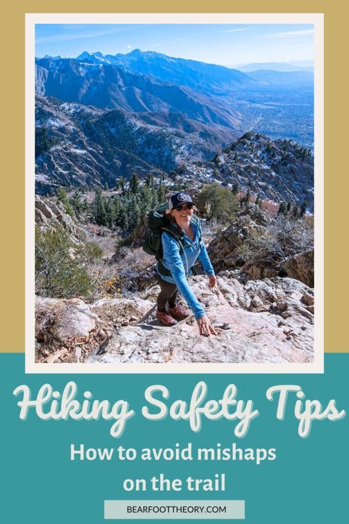 Alaina Hermiston on a mountain hike with text "hiking safety tips - how to avoid mishaps on the trail"
