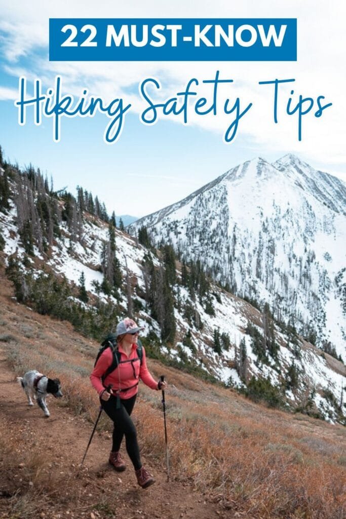 Alaina Hermiston on a mountain hike with text "22 must know hiking safety tips