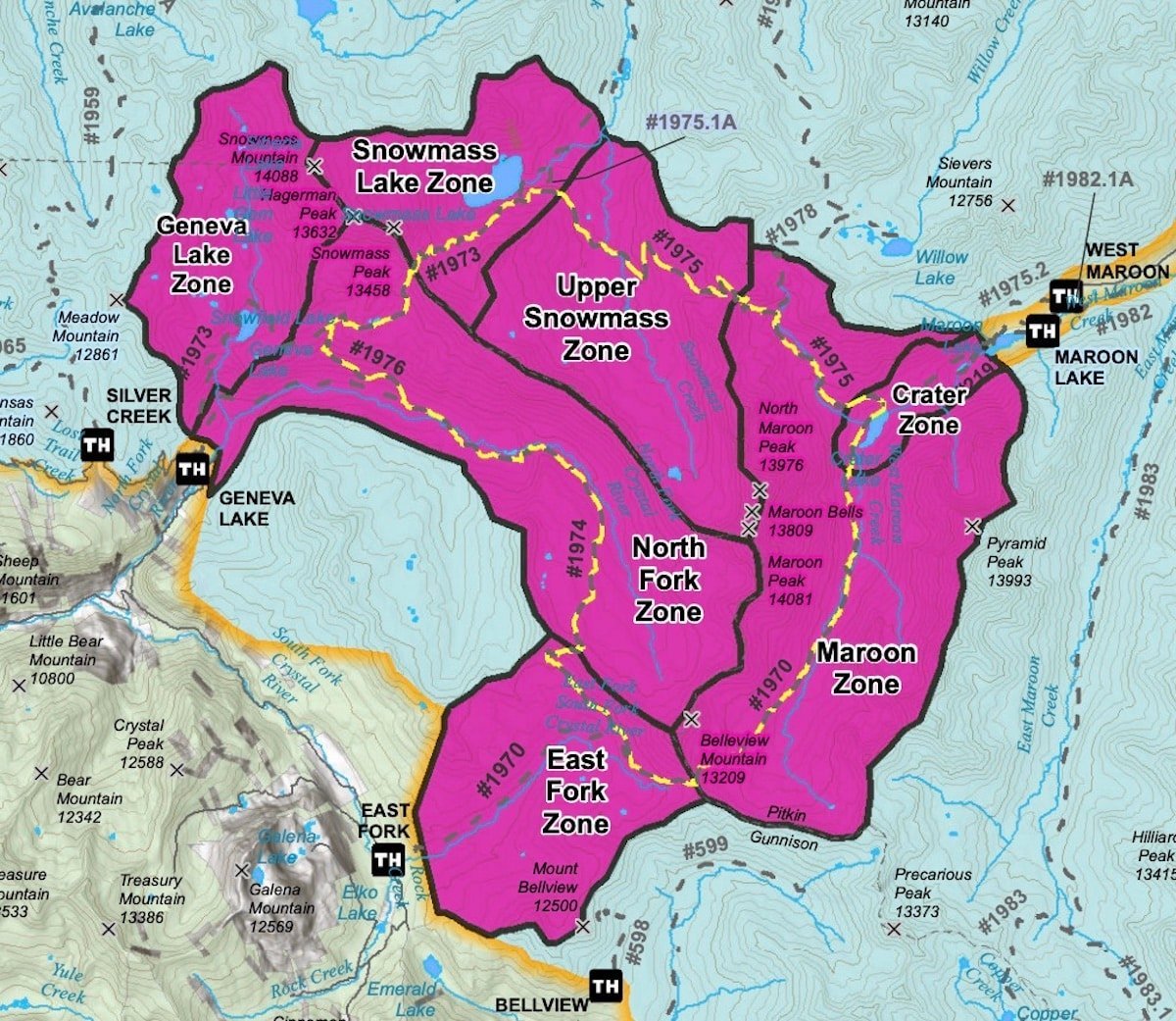 Map showing the boundaries of the seven overnight wilderness camping zones on the Four Pass Loop.