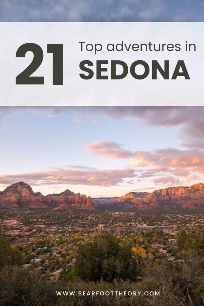 Pinnable image sunset over Sedona landscape. Text reads "21 Top Adventures in Sedona, Arizona"