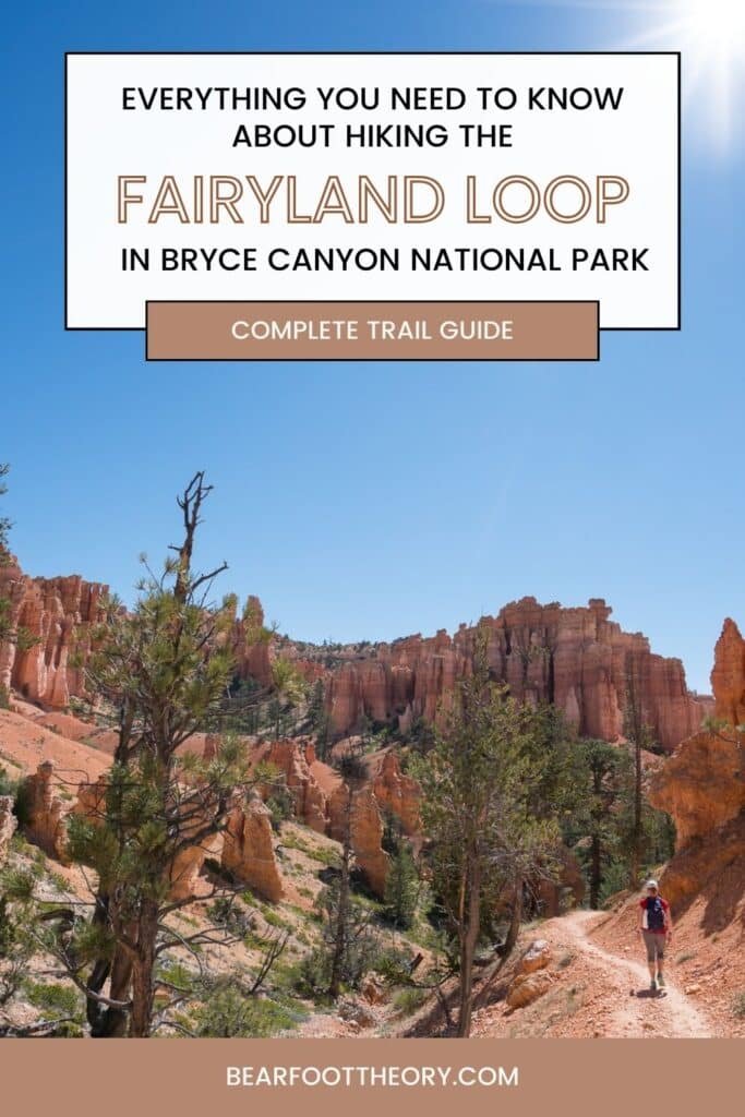 A pinnable image with a hiker walking on the Fairyland Loop Trail with the text "Everything you need to know about hiking the fairyland loop in Bryce Canyon National Park - a detailed trail guide"
