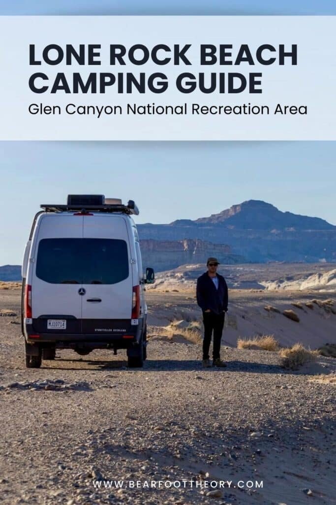 Pinnable image of man standing next to camper van in the desert. Text reads "Lone Rock Beach Camping Guide: Glen Canyon National Recreational Area"