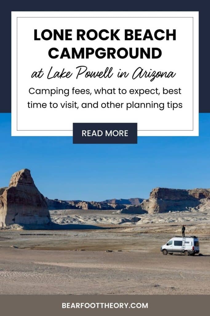 Pinnable image of man standing on top of campervan in front of large rock monolith. Text reads "Lone Rock Beach Campground at Lake Powell in Arizona: Camping fees, what to expect, best time to visit, and other planning tips"