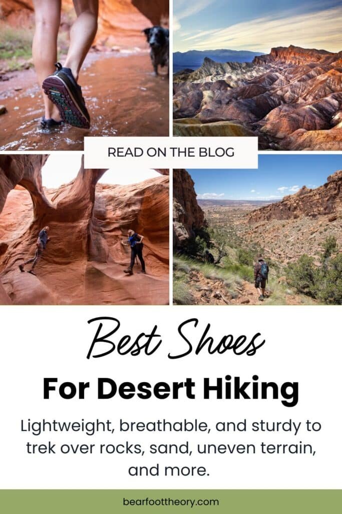Pinterest image of collage of photos of desert hiking. Text says "Best shoes for desert hiking"