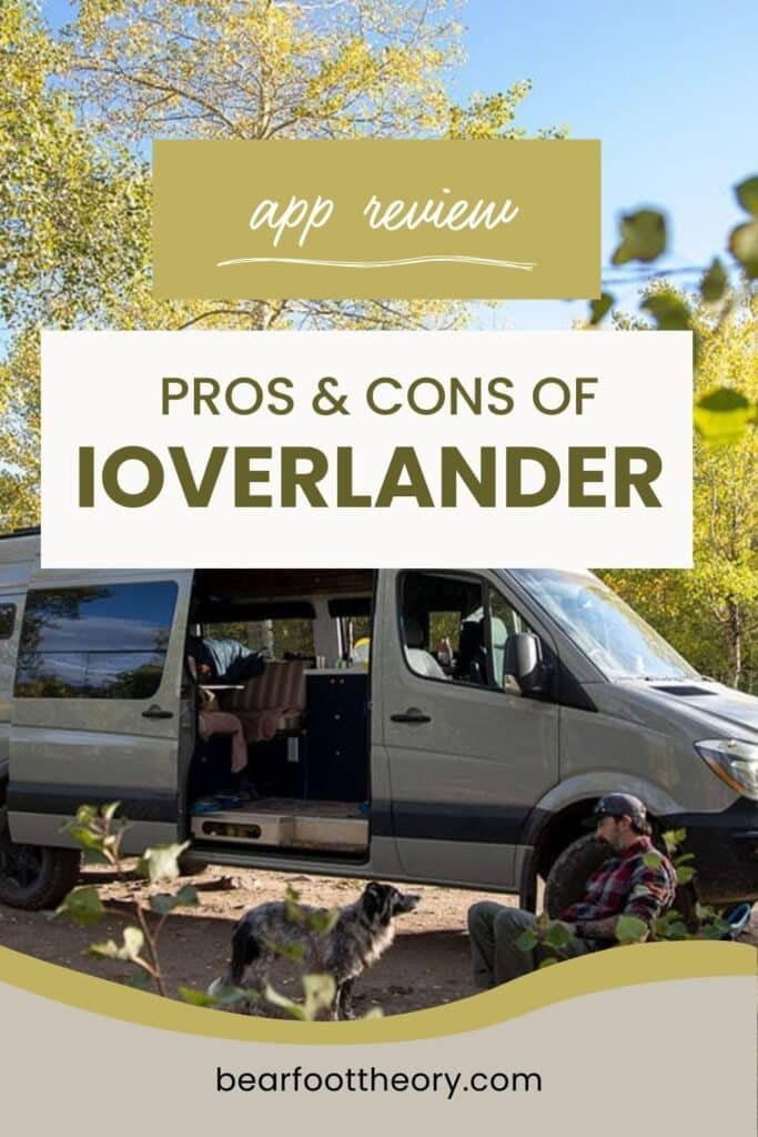 Pinterest image for an iOverlander Review article showing images of a camper van at a campsite.