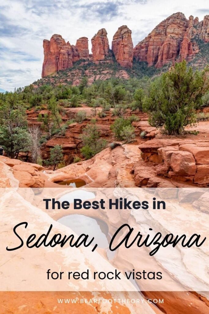 Pinnable image of red rock landscape around Sedona. Text reads "The Best Hikes in Sedona, Arizona for Red Rock Vistas"