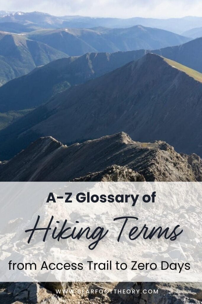 Pinnable image of mountain range. Text reads "A-Z glossary of Hiking Terms from Access Trail to Zero Days"