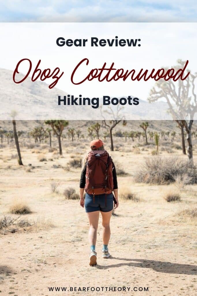 Pinterest image of woman hiking down desert trail. Text says "Gear Review: Oboz Cottonwood Hiking Boots"